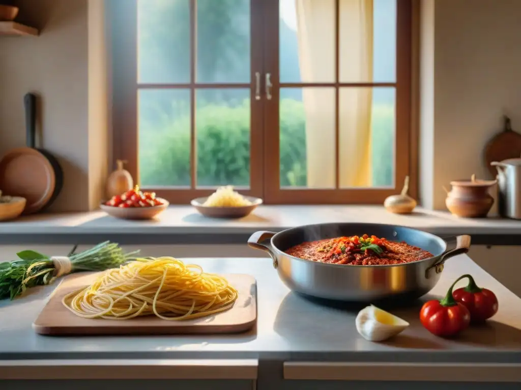 Una mesa de cocina tradicional italiana lista para la cena familiar, con la nonna cocinando salsa de tomate