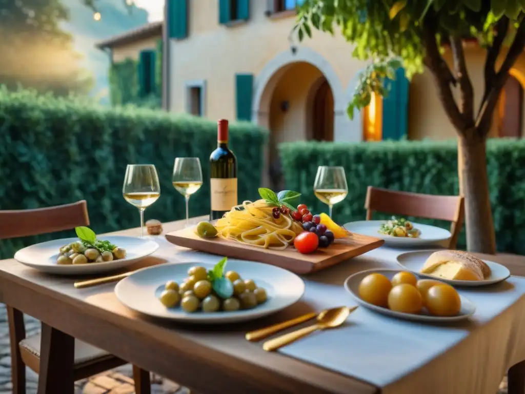 Una mesa de comedor bellamente ambientada con platos italianos, vino y una villa italiana al fondo