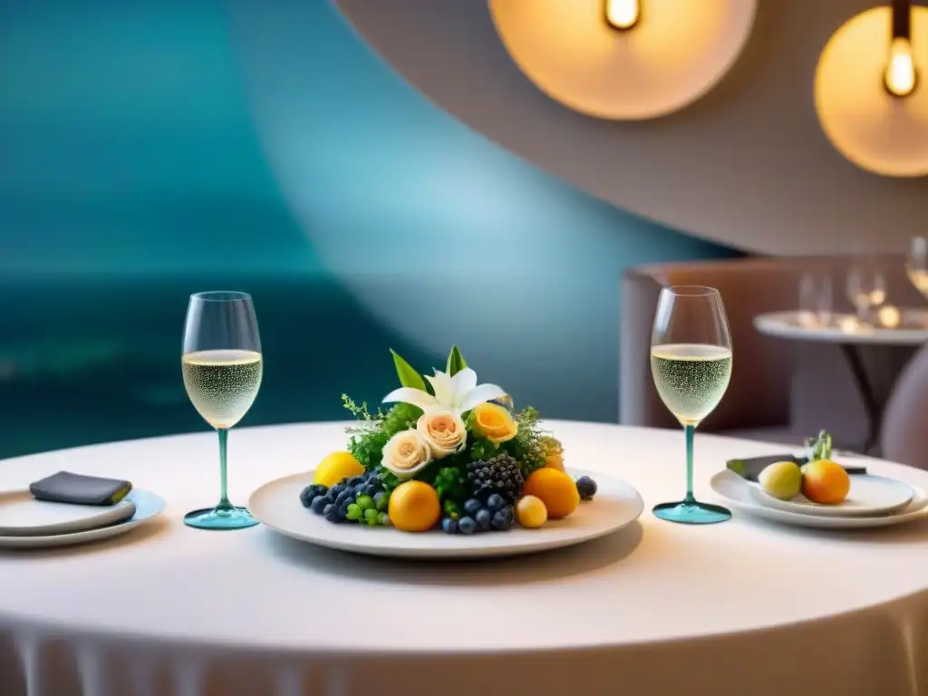 Una mesa de comedor elegante con maridajes innovadores con Prosecco: copas de vino, flores y platillos gourmet