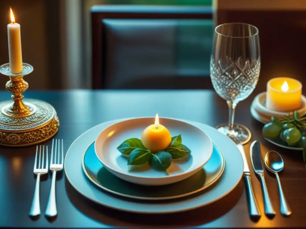 Una mesa de comedor elegante con vajilla italiana de alta calidad, cubiertos lujosos y cristalería elegante, en una atmósfera sofisticada y acogedora