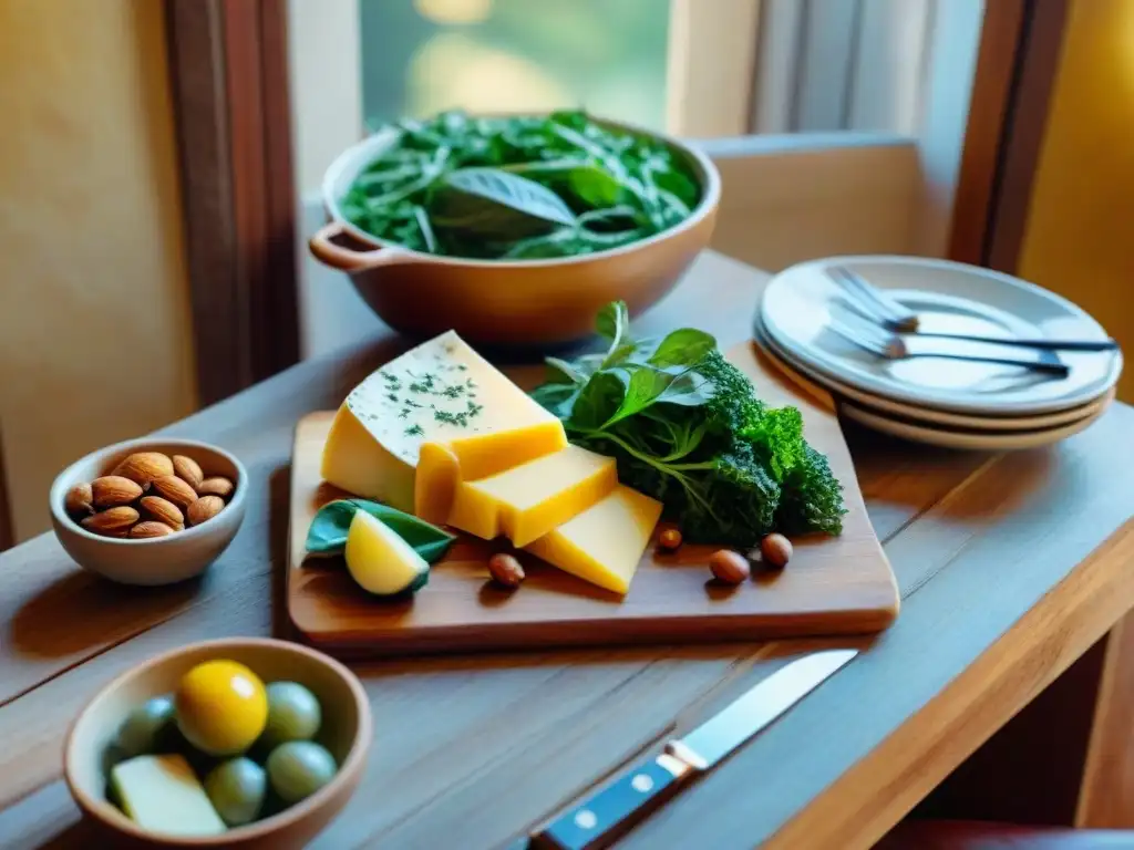 Una mesa de comedor italiana con alimentos ricos en calcio, como quesos, verduras, frutos secos y pescado