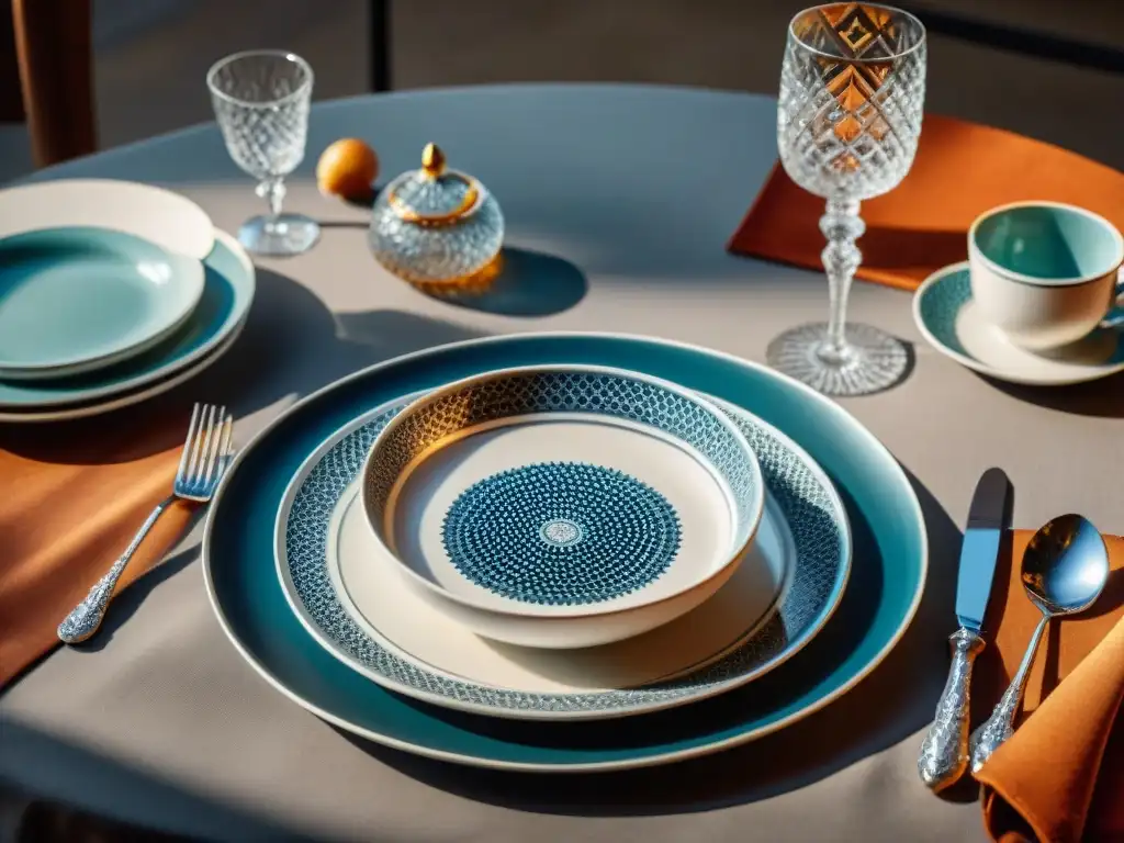 Una mesa de comedor italiana elegante con vajillas y cuberterías italianas duraderas, bañada en luz natural