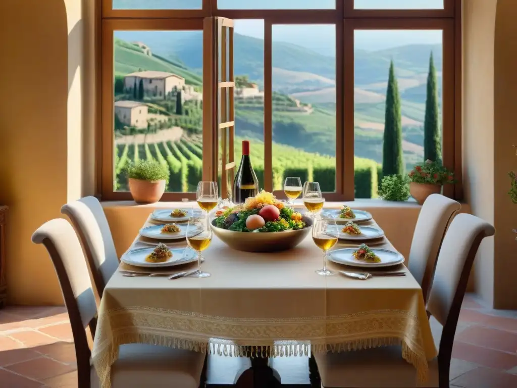 Una mesa de comedor de madera finamente decorada con vajilla tradicional italiana