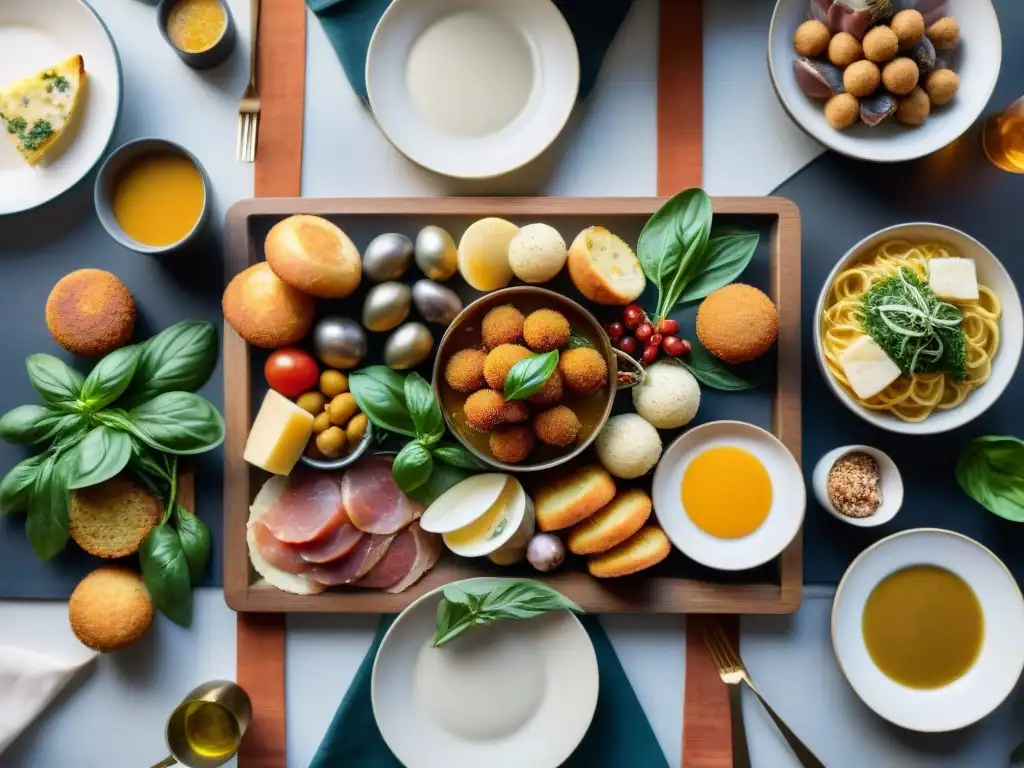 Una mesa de comedor de madera larga adornada con platos icónicos de la cocina italiana tradicional, iluminada por la cálida luz de las velas