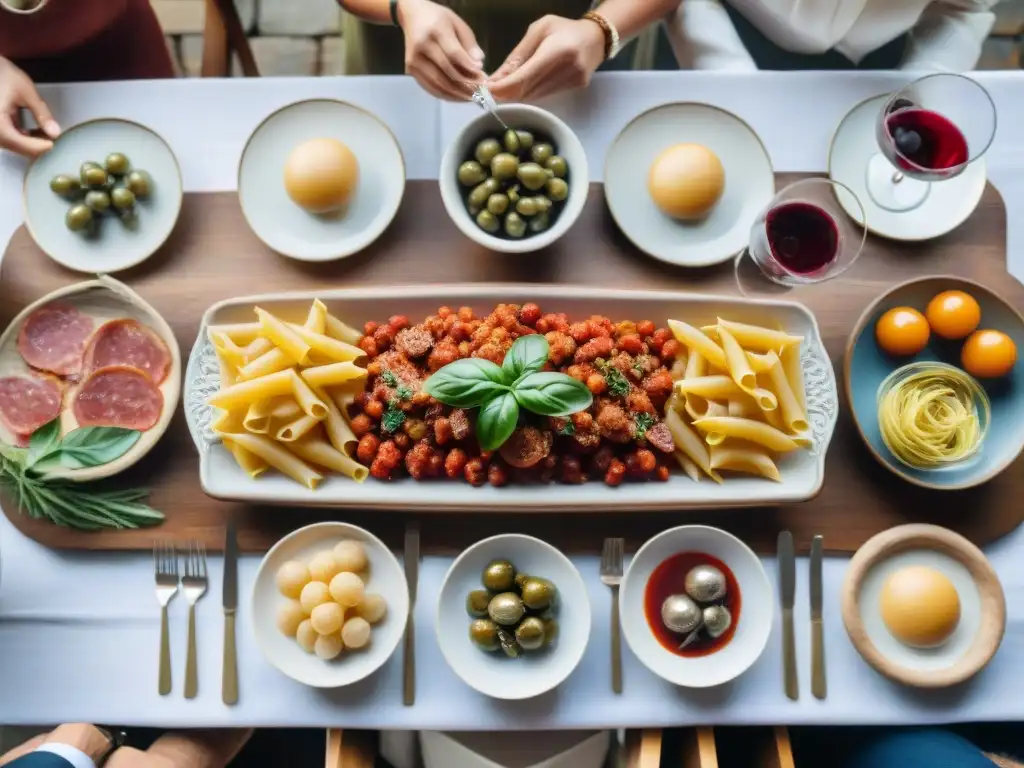 Una mesa de comedor de madera con menús temáticos de cocina italiana de diversas regiones: pasta, antipasto, mariscos y postres