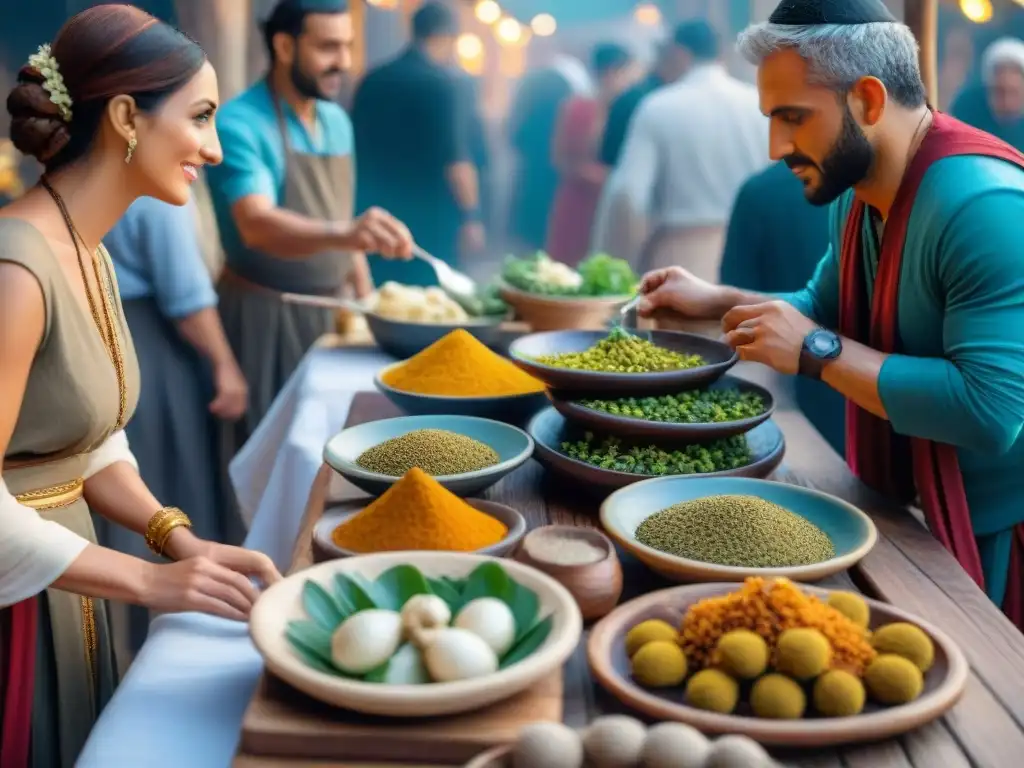 Una mesa de comedor de madera con vajilla romana rodeada de personas disfrutando de cocina romana platos icónicos en un mercado romano bullicioso