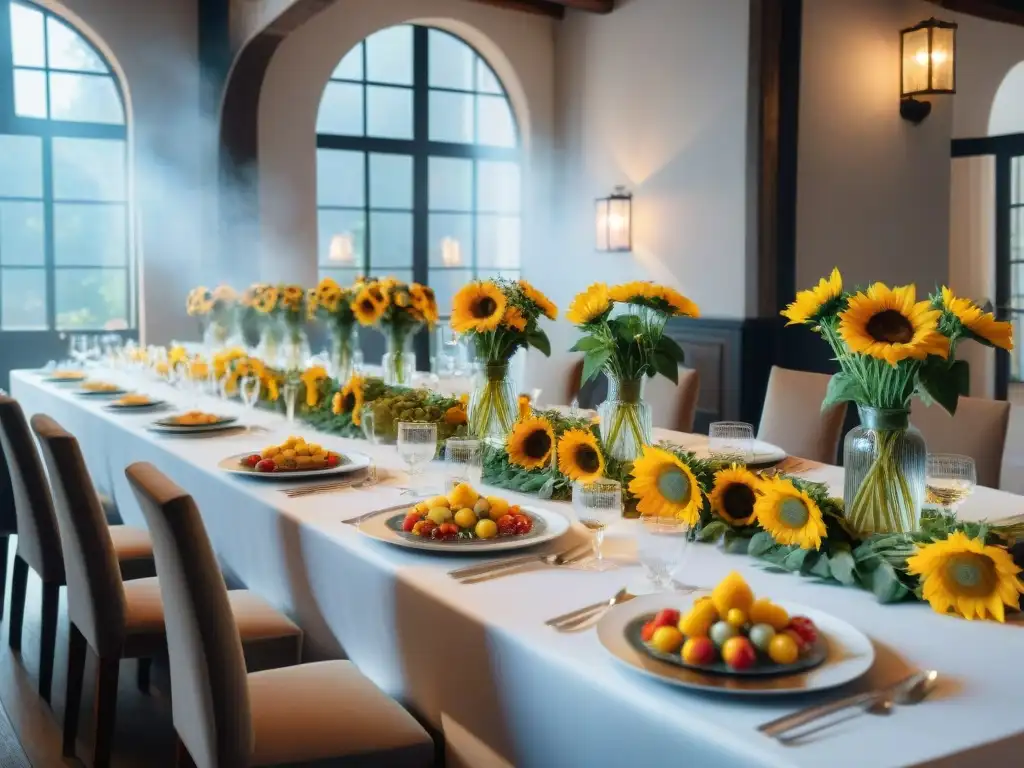 Una mesa de comedor elegantemente preparada para un evento italiano, con menús de cocina italiana para eventos y una cocina bulliciosa de fondo