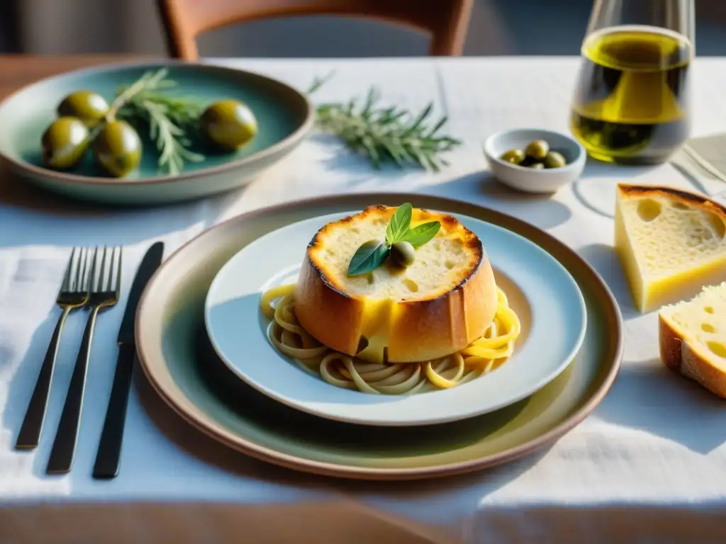 Una mesa bellamente decorada con una comida italiana tradicional maridada con vino Orvieto, creando el ambiente perfecto de cocina italiana