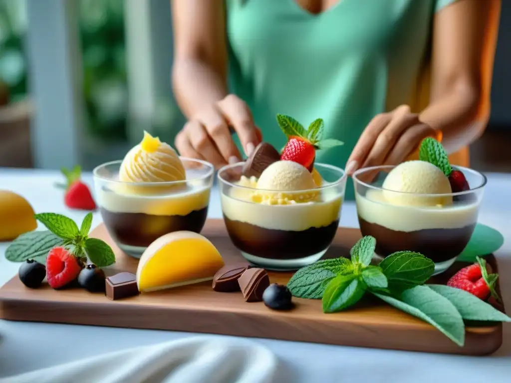 Una mesa bellamente decorada para una degustación de gelatos en casa, con sabores variados y un ambiente cálido iluminado por velas