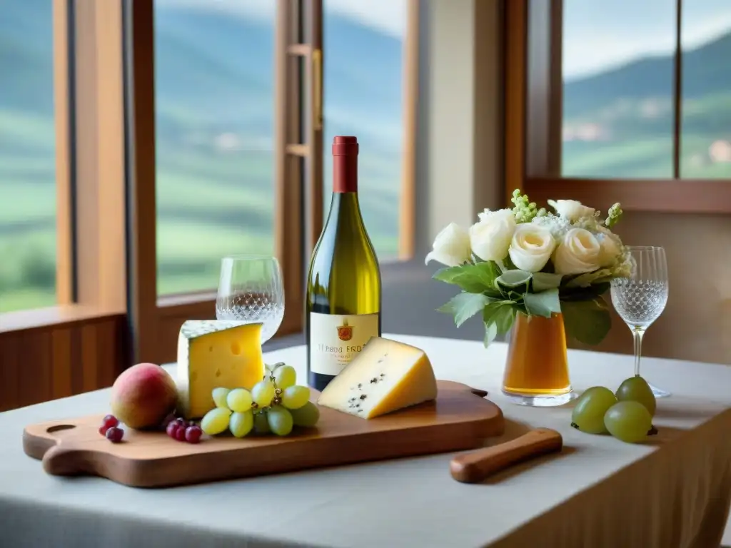 Una mesa elegantemente decorada con un Fiano di Avellino en hielera, flores blancas, quesos y frutas