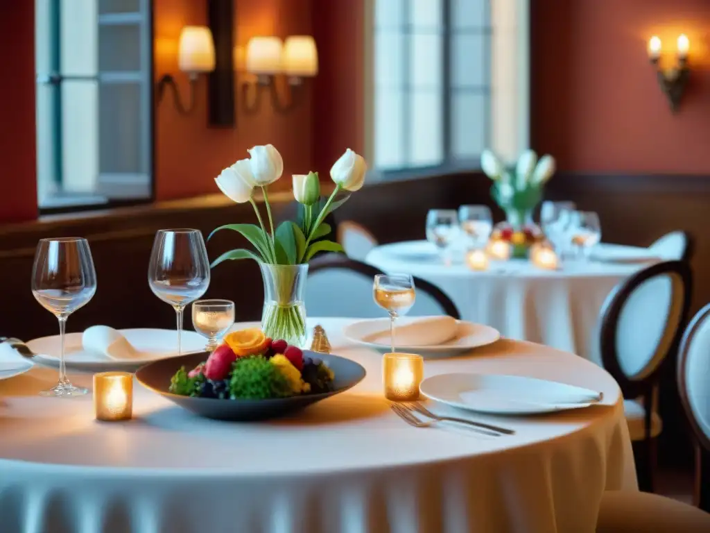 Una mesa bellamente decorada en un lujoso restaurante italiano, con vajilla elegante, copas de cristal y flores frescas