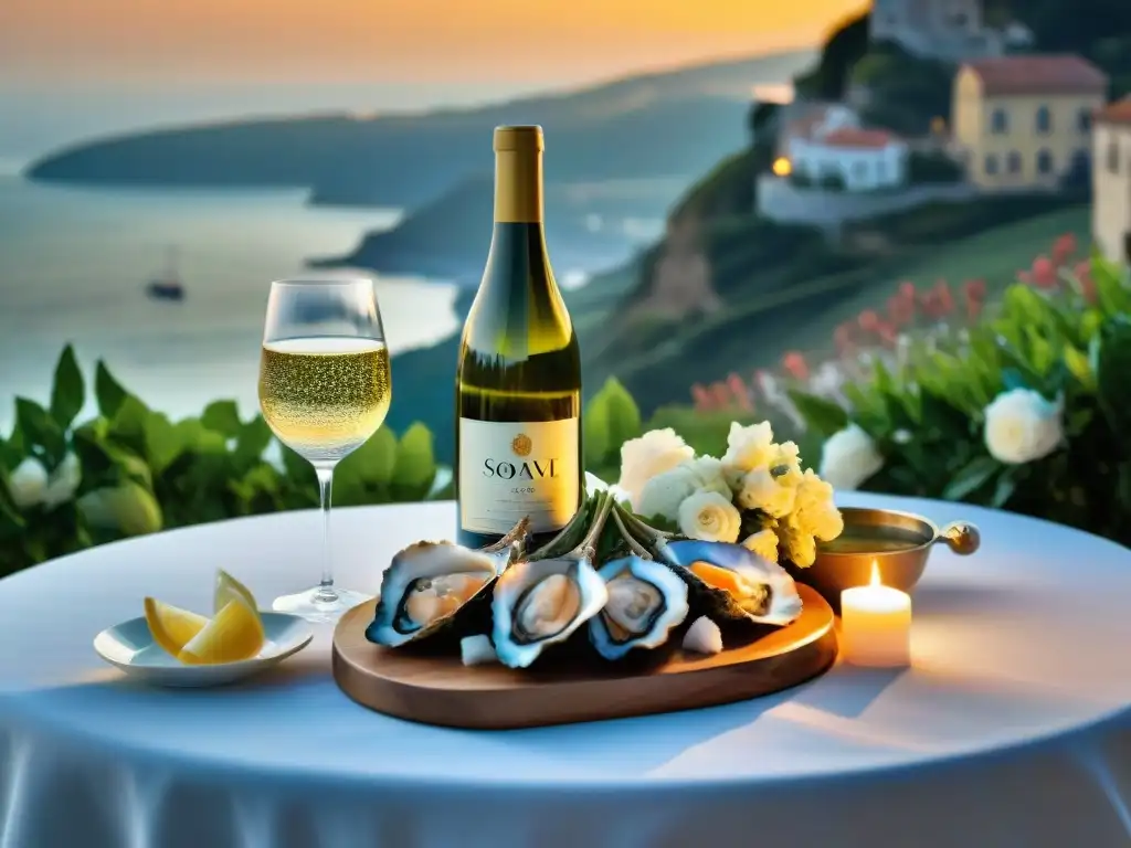 Una mesa elegantemente decorada con mariscos frescos y vino blanco Soave, en un entorno costero al atardecer