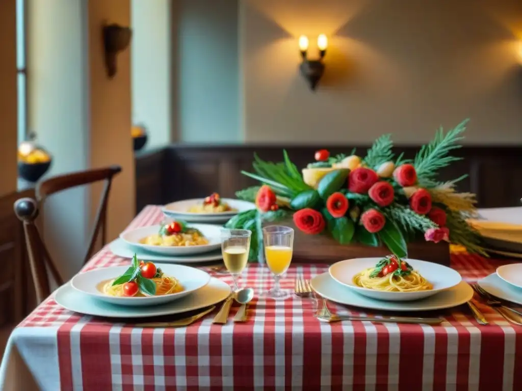 Una mesa decorada con menús de cocina italiana para eventos, con platos tradicionales y ambiente cálido