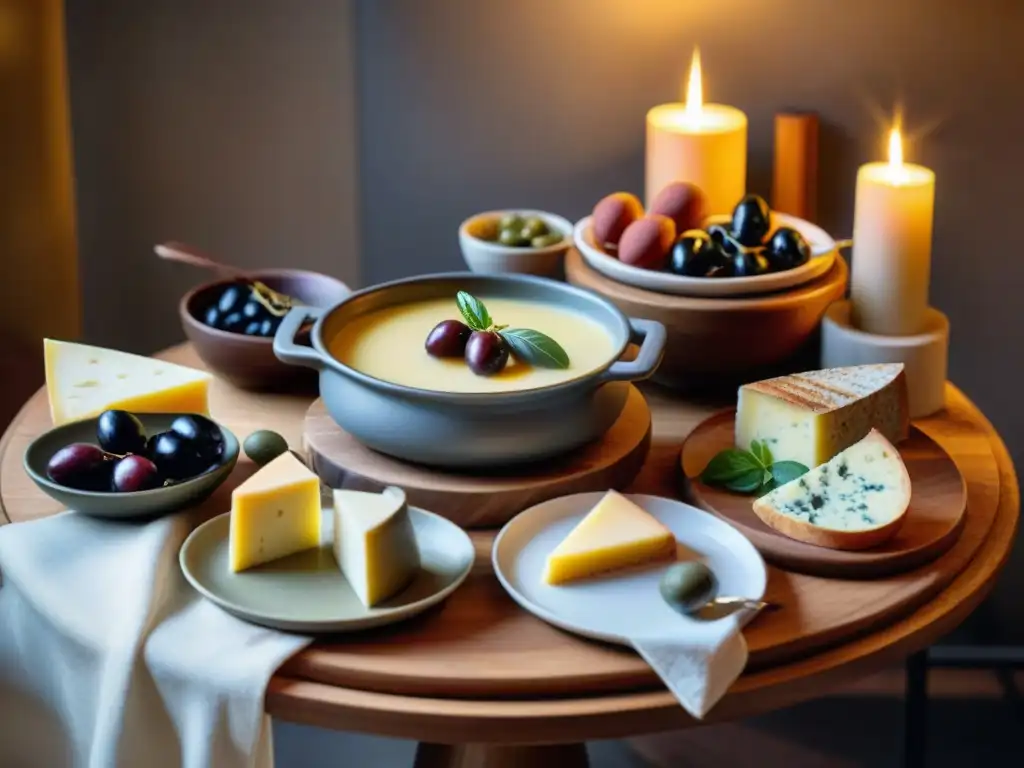 Una mesa elegantemente decorada para una noche inolvidable de Fondue italiana queso, con velas y ambiente cálido