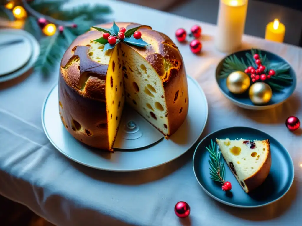 Una mesa navideña decorada con un panettone ligero rodeado de decoraciones festivas