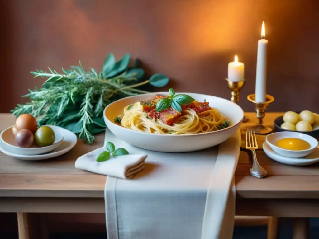 Una mesa exquisitamente decorada con platos icónicos de la cocina romana, iluminada por velas