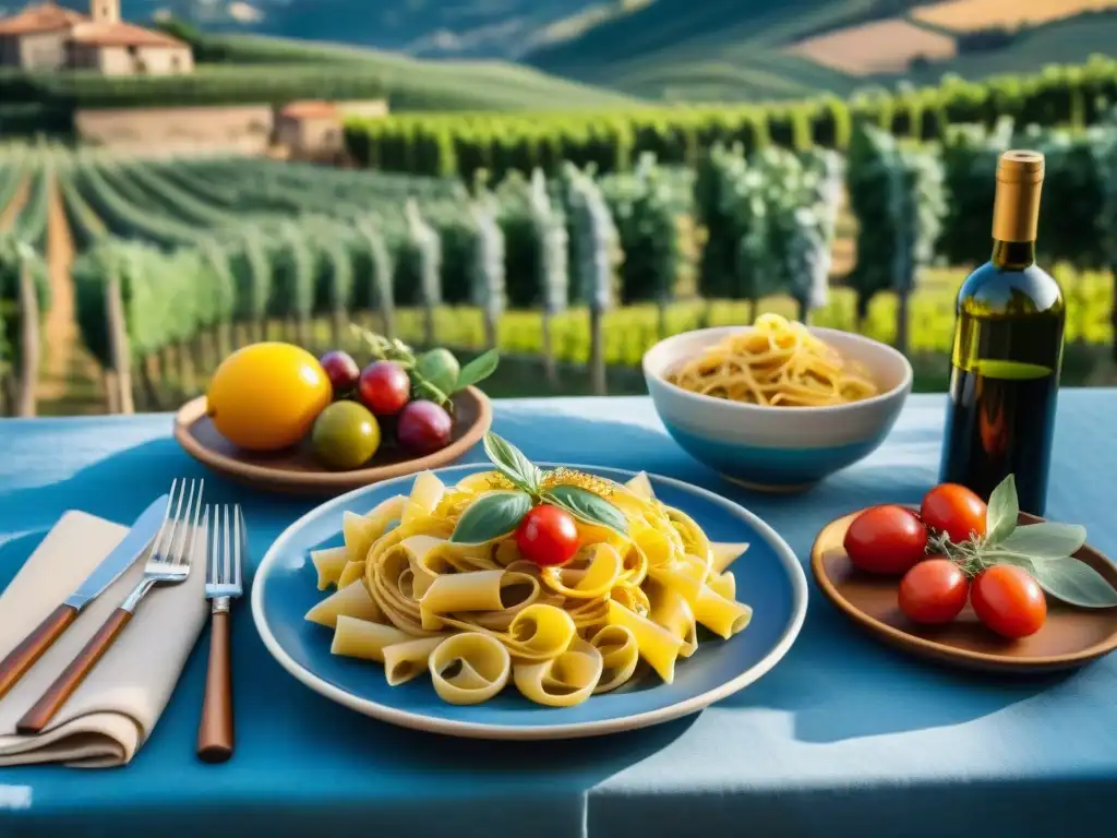 Una mesa bellamente decorada con platos italianos tradicionales, en un entorno rústico con viñedos y olivos al fondo