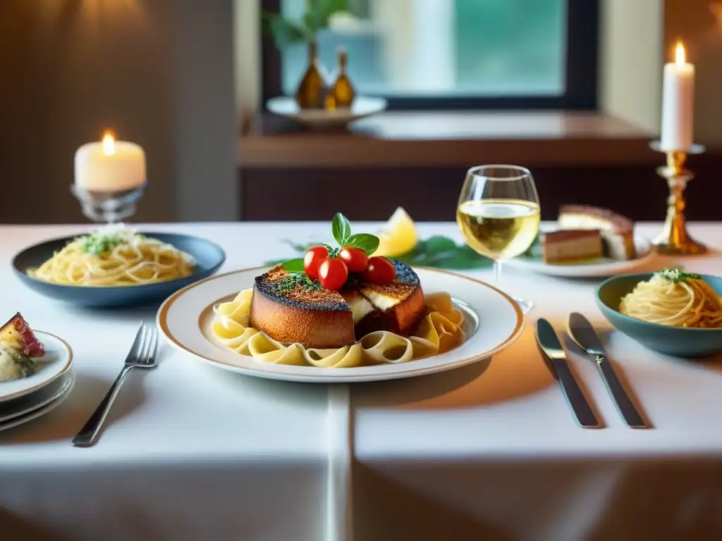 Una mesa exquisitamente decorada con platos italianos tradicionales exclusivos en un restaurante elegante de Italia