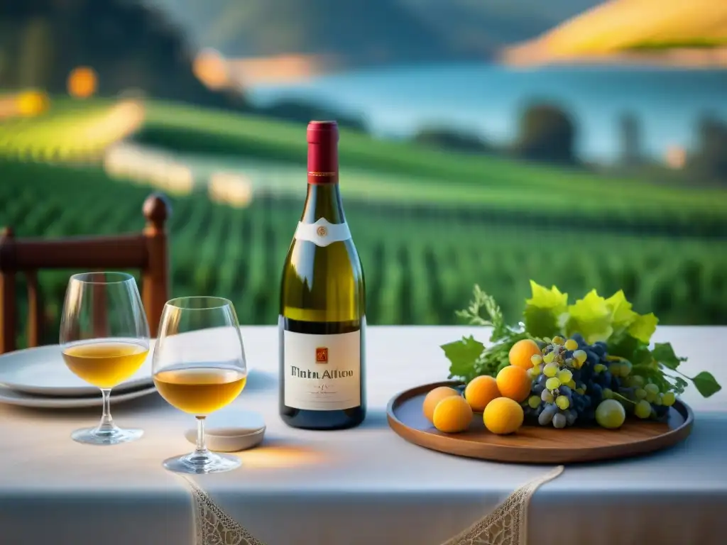 Una mesa elegantemente decorada con vajilla blanca, copas de cristal y una botella de Fiano di Avellino en un cubo de hielo