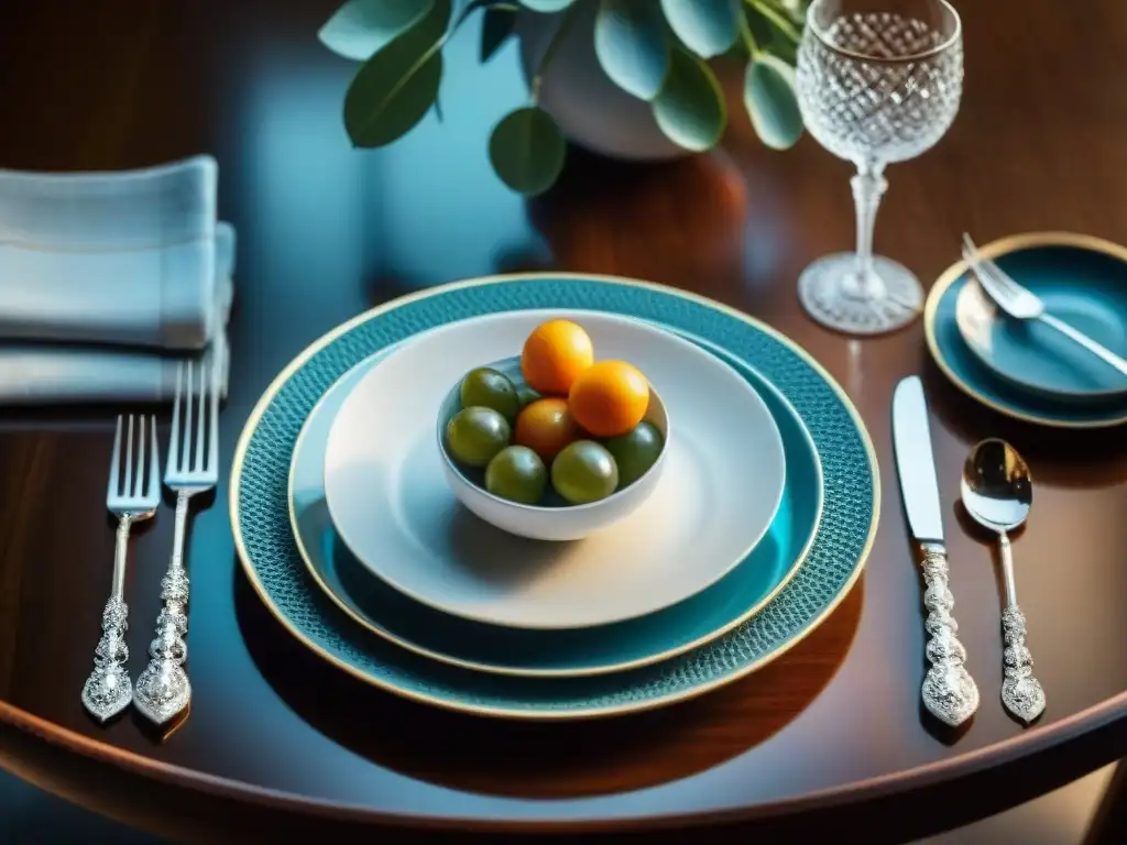 Una mesa elegantemente decorada con vajillas italianas de diseñador gourmet