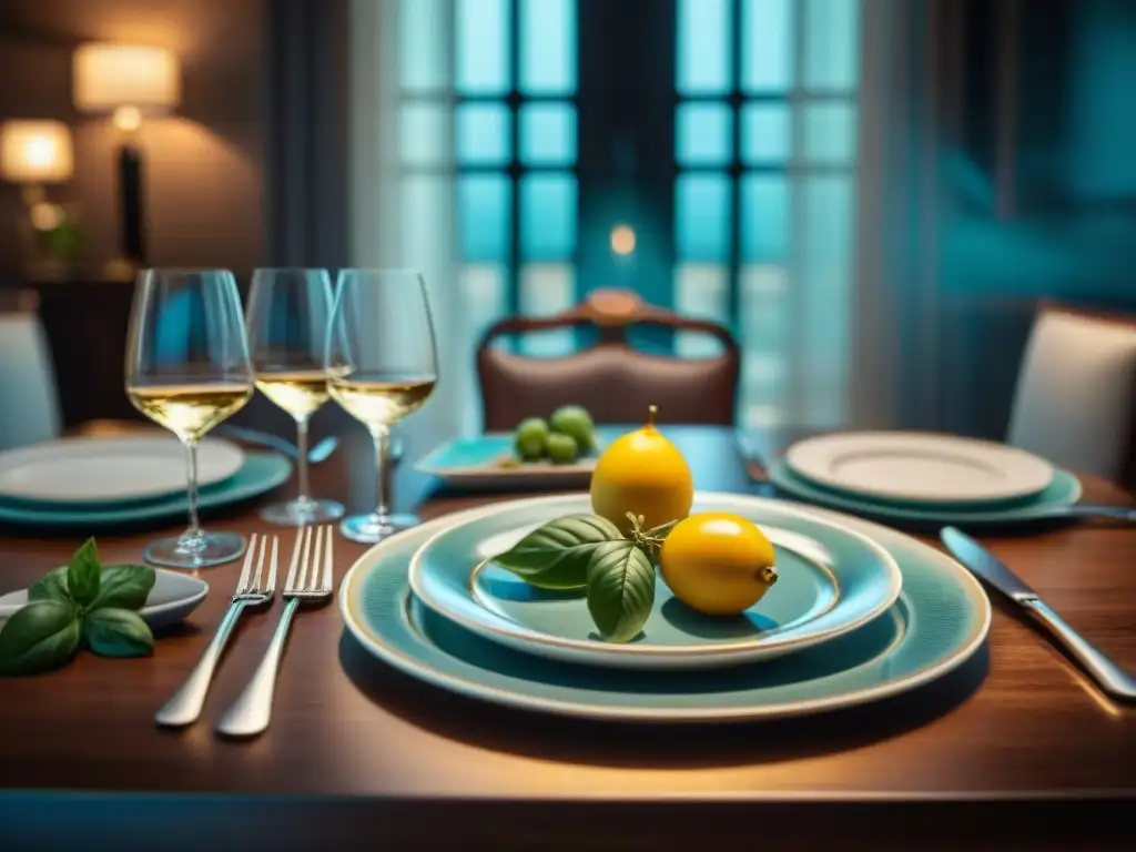 Una mesa elegantemente decorada con vajillas italianas de diseñador gourmet