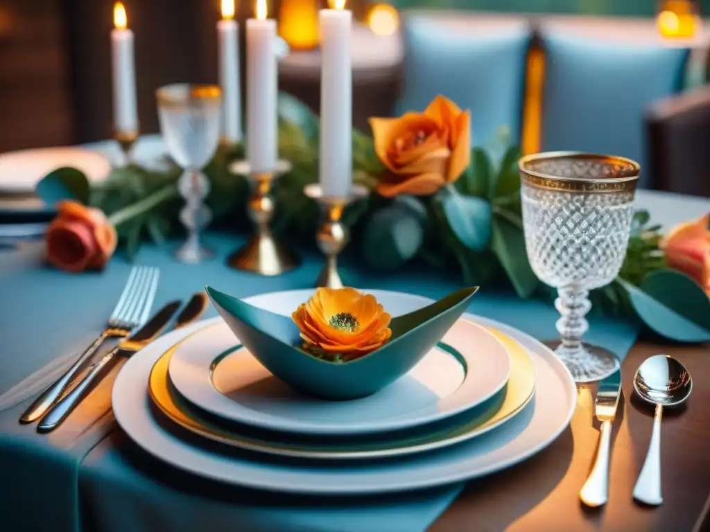 Una mesa delicadamente decorada con vajillas italianas de lujo para eventos, en un ambiente cálido y acogedor iluminado por velas