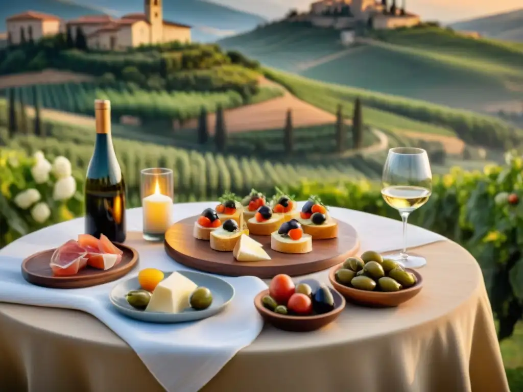 Una mesa elegante para un aperitivo italiano degustación privada en una terraza soleada en la Toscana