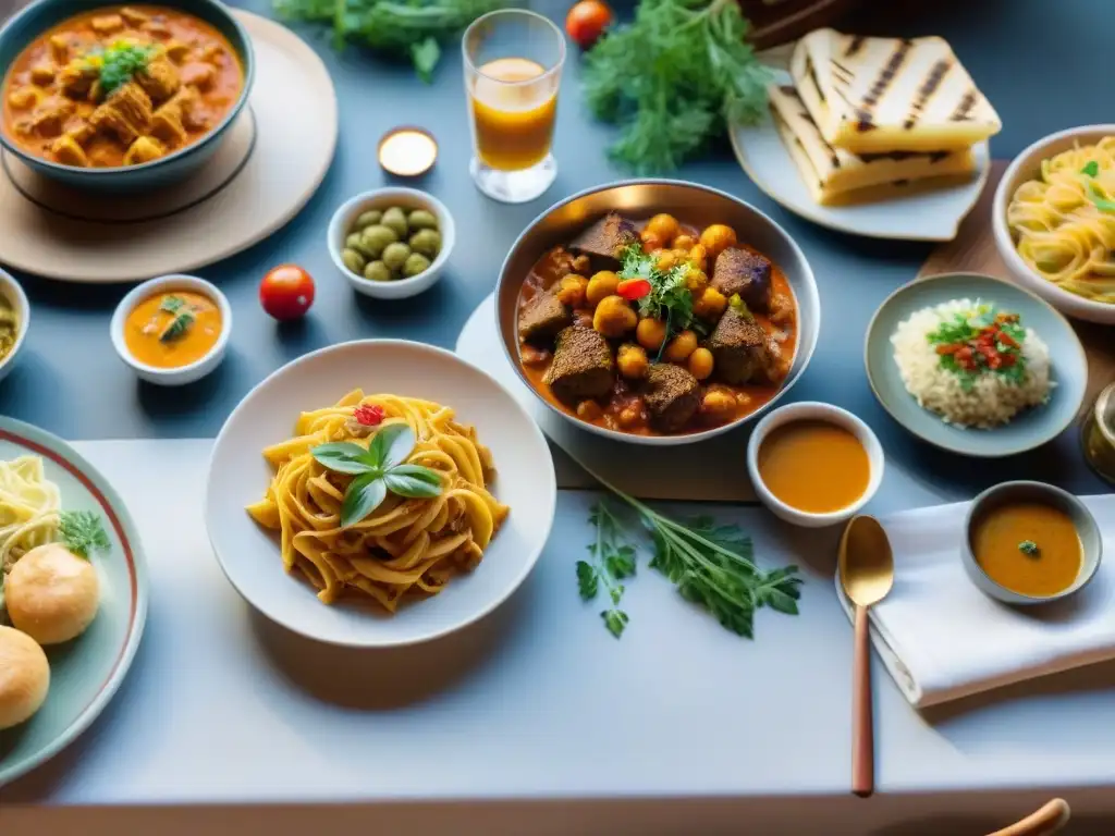 Una mesa elegante decorada con platos indios e italianos, fusionando sabores en una armoniosa integración de la cocina india en Italia