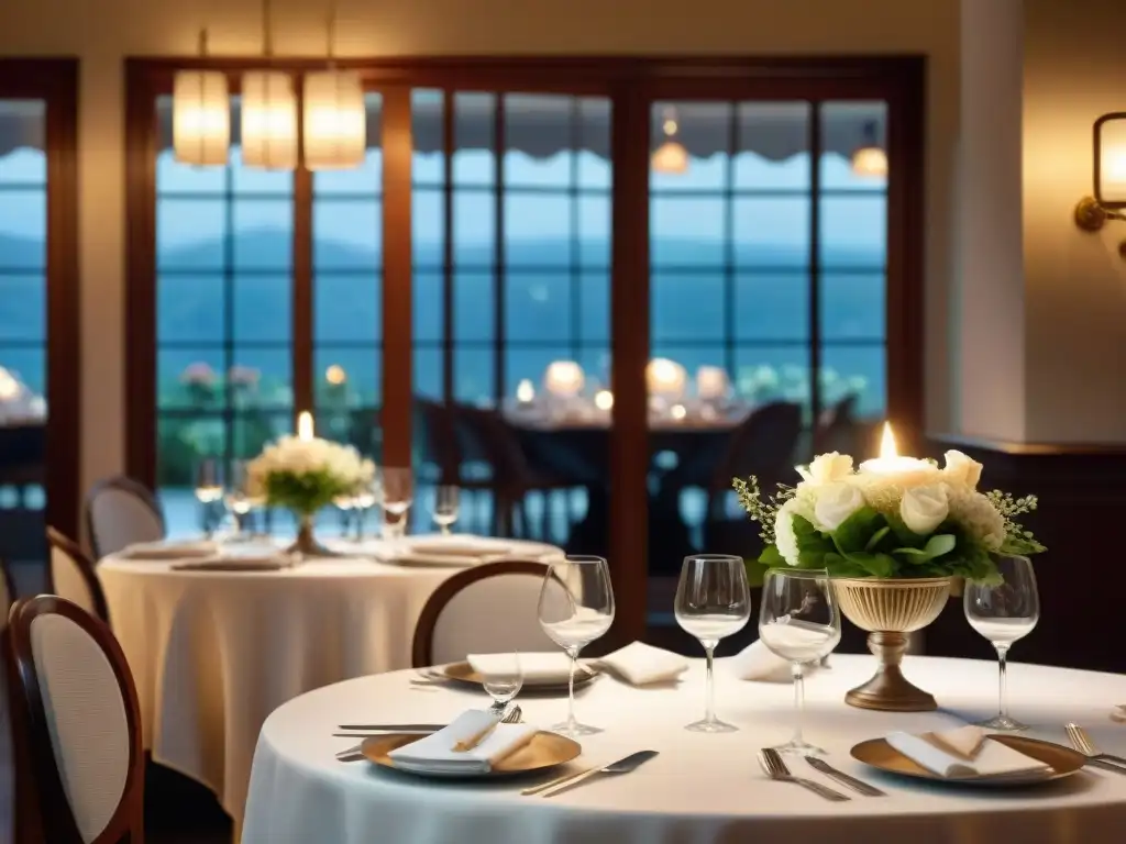 Una mesa elegante para dos en un lujoso restaurante italiano, con decoración refinada y ambiente romántico