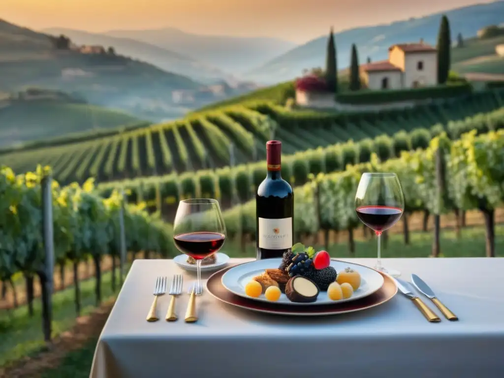 Una mesa elegante con maridajes Amarone Valpolicella y cocina italiana de lujo, iluminada por velas en Valpolicella al atardecer