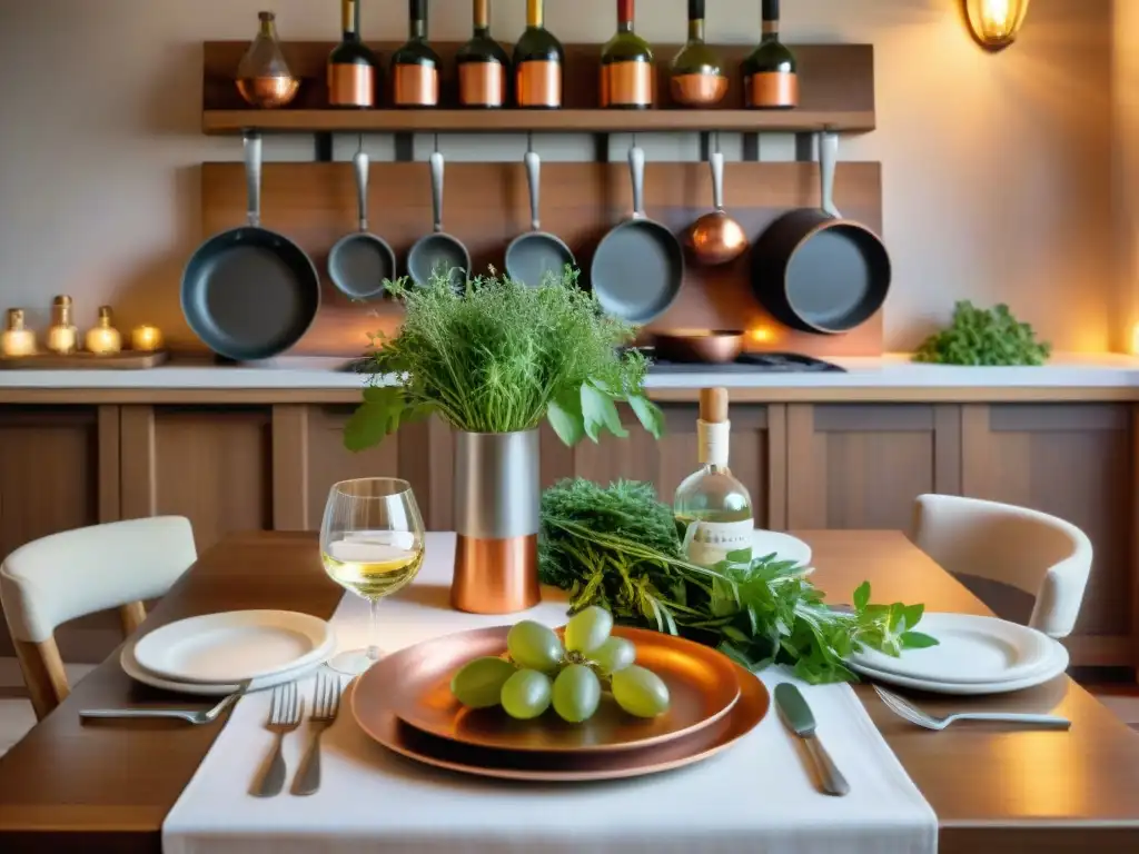 Una mesa elegante con maridajes vino Orvieto cocina italiana, rodeada de sillas de madera y luz de velas cálida