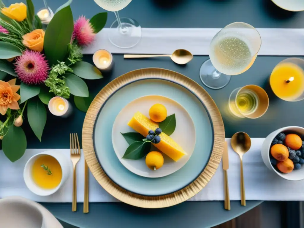 Una mesa elegante con maridajes innovadores con Prosecco: cócteles de colores vibrantes y platillos creativos en un ambiente sofisticado