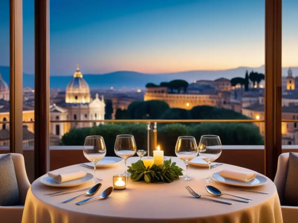 Una mesa elegante en La Pergola, restaurante italiano con vista a Roma de noche