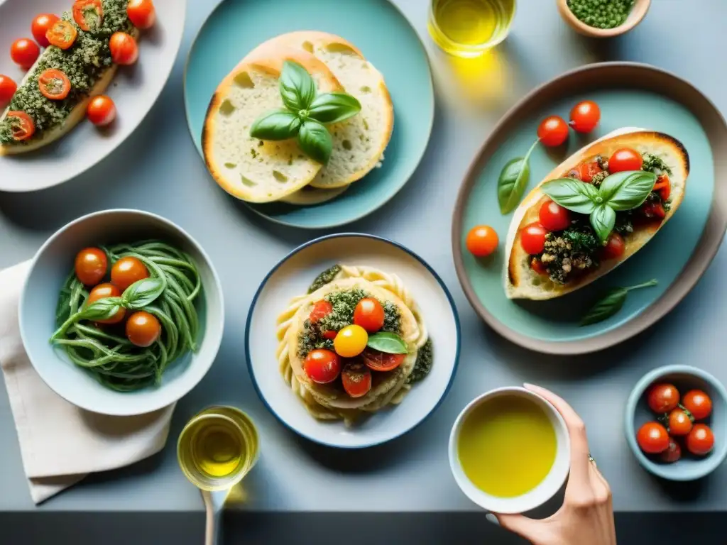 Una mesa elegante con platillos veganos italianos y cocina rústica, reflejando la dieta vegana estilo italiano beneficios