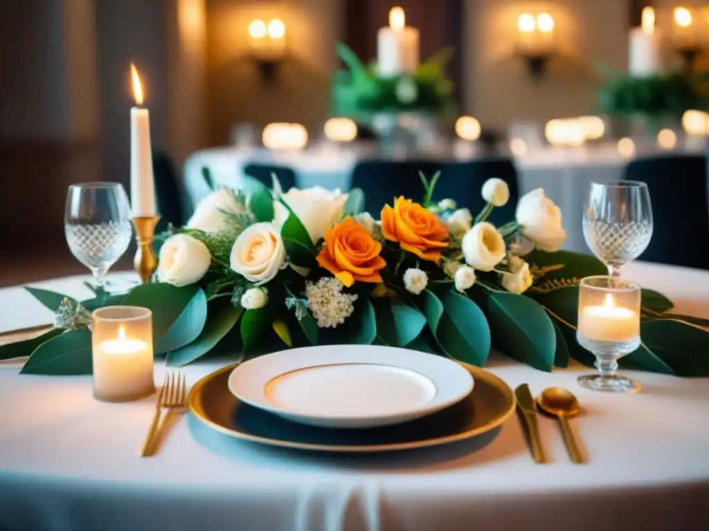 Una mesa elegante en una recepción de boda italiana, con menús de cocina italiana, decorada con arreglos florales, vajilla fina y cristalería, iluminada por velas, evocando una experiencia de cena romántica y lujosa