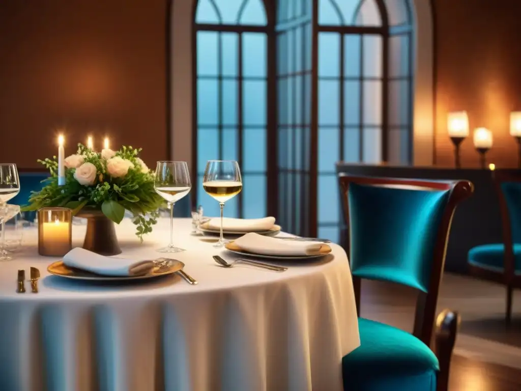 Una mesa elegante en un restaurante de alta cocina en Italia, con vajilla fina, cristalería brillante y candelabros iluminados