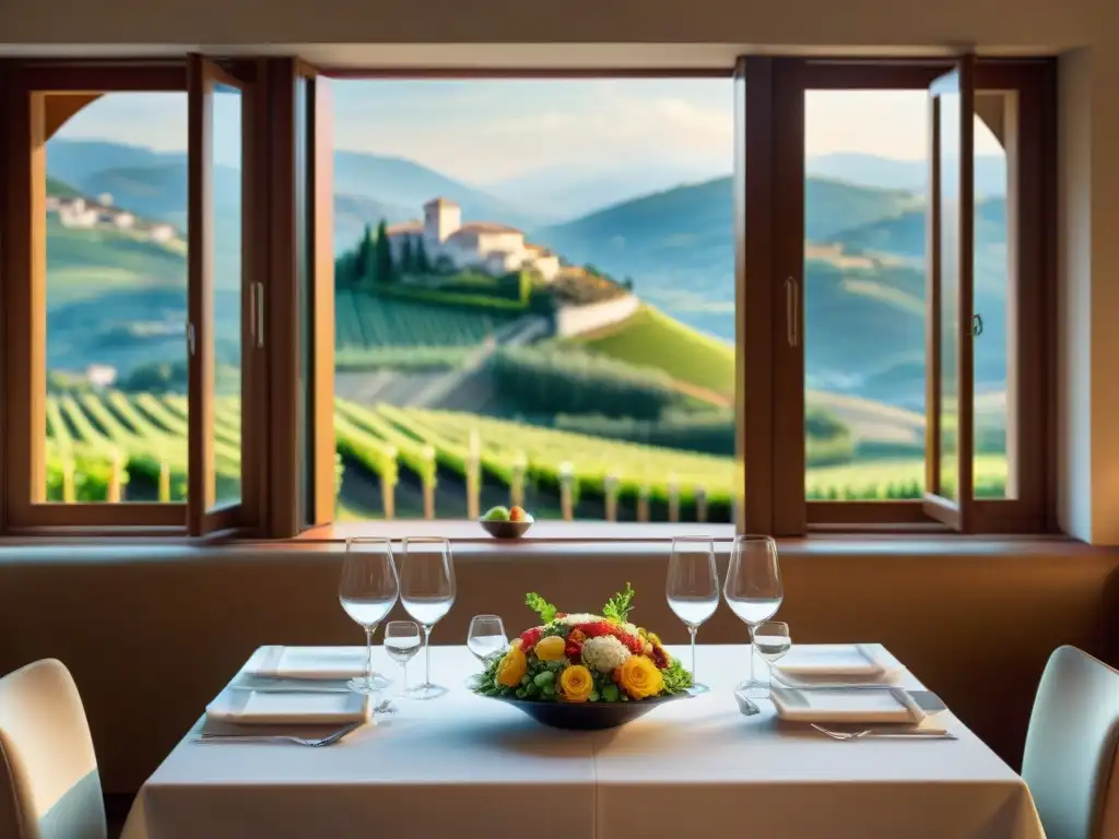 Una mesa elegante en restaurante con estrella Michelin en Italia, cubierta de plata y cristal, con vista a viñedos y colinas