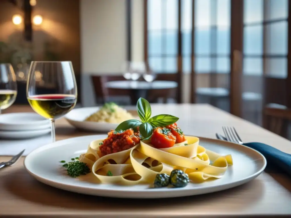 Una mesa elegante en restaurante italiano con maridajes italianos vinos gastronomía sibaritas