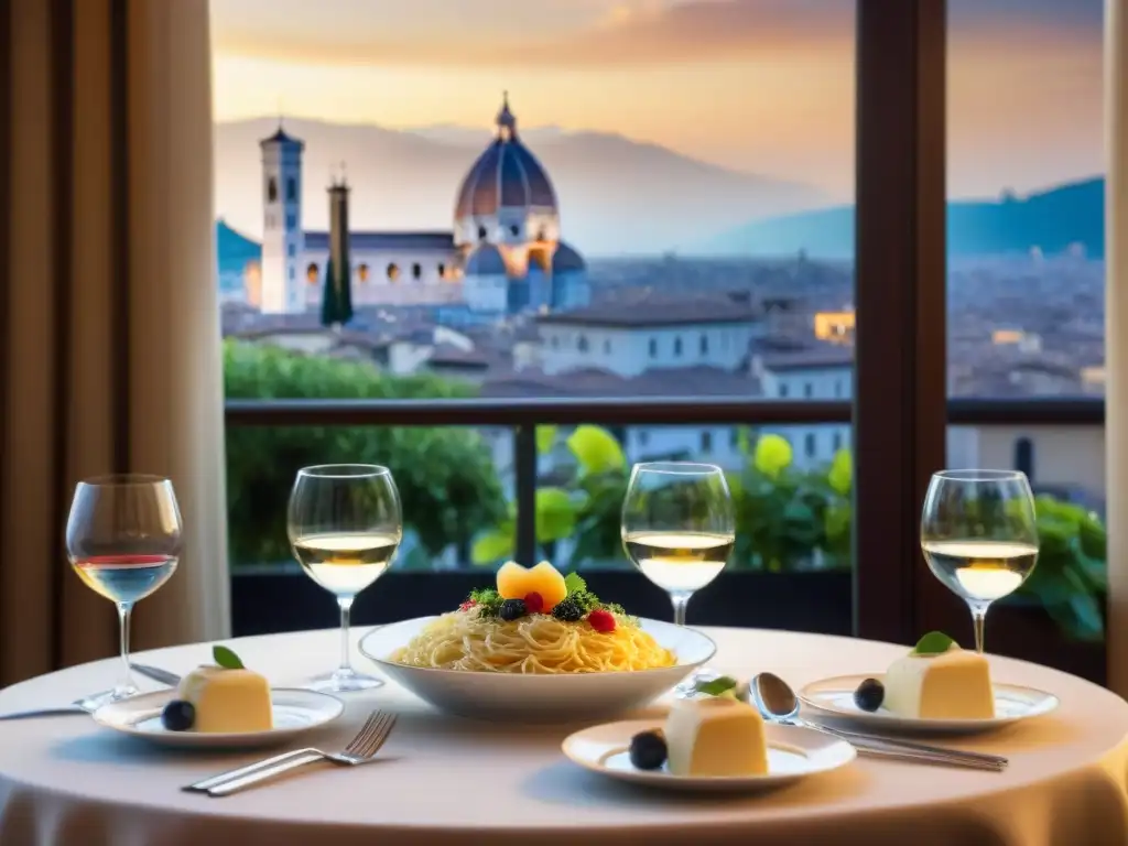 Una mesa elegante en restaurante italiano de lujo con vajilla fina y exquisitos platillos