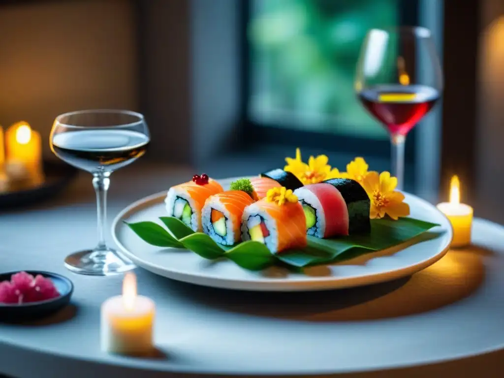 Una mesa elegante con sushi y vinos italianos, ideal para un maridaje perfecto