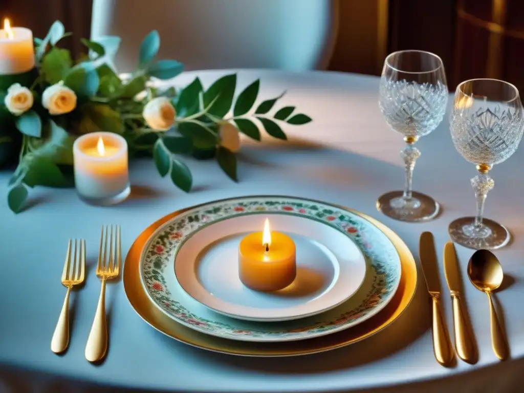 Una mesa elegante con vajilla italiana para impresionar, cristalería y flores frescas, iluminada por velas