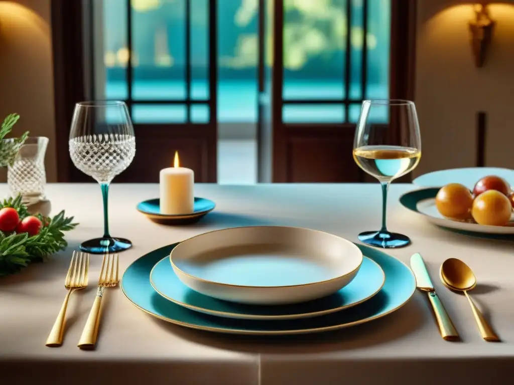 Una mesa elegante con vajillas y cuberterías italianas exclusivas, iluminada por luz natural