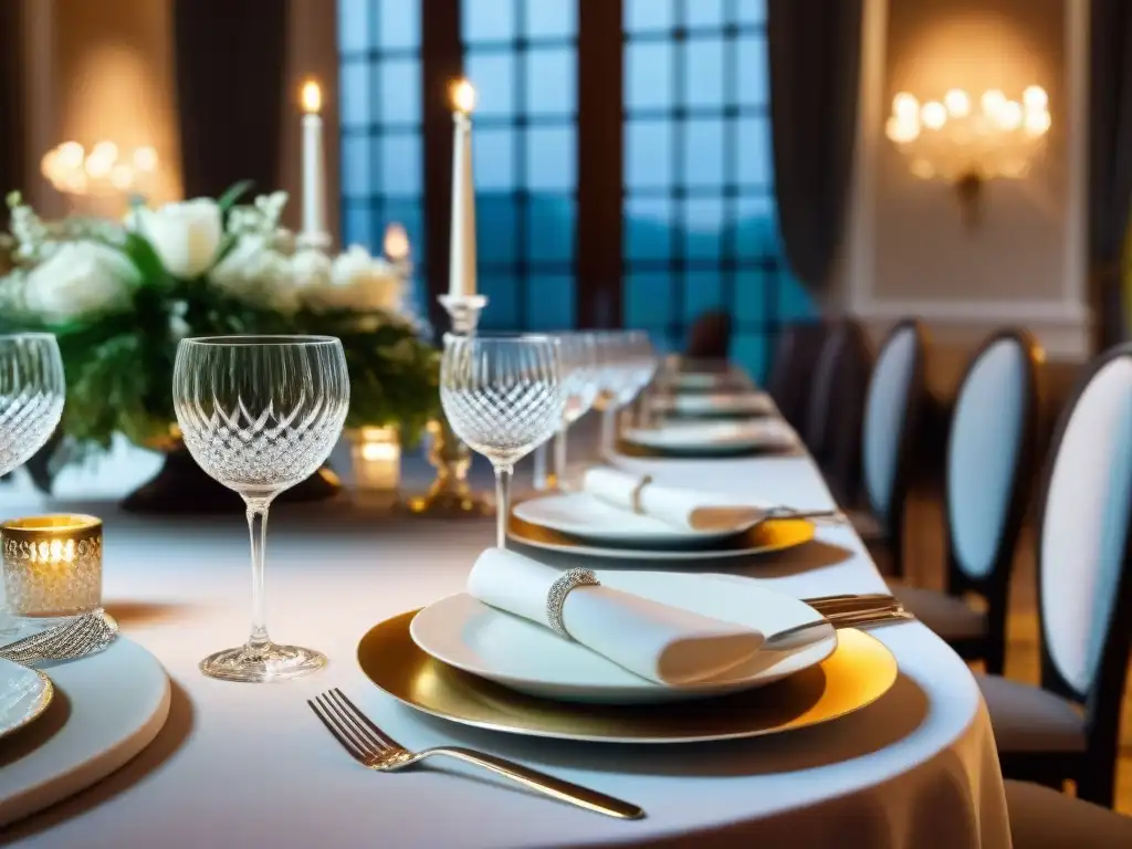 Una mesa elegante con vajillas italianas de lujo para eventos, iluminada con ambiente sofisticado