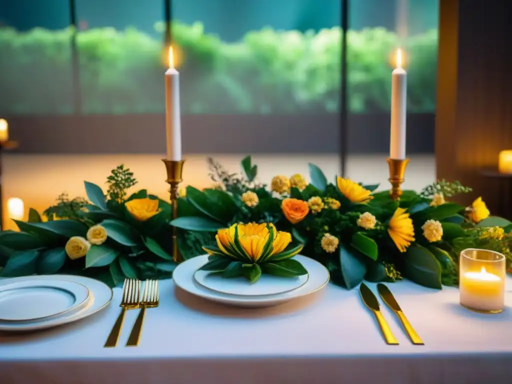 Una mesa elegante con vajillas italianas de lujo para eventos, rodeada de arreglos florales opulentos y luz de velas suave