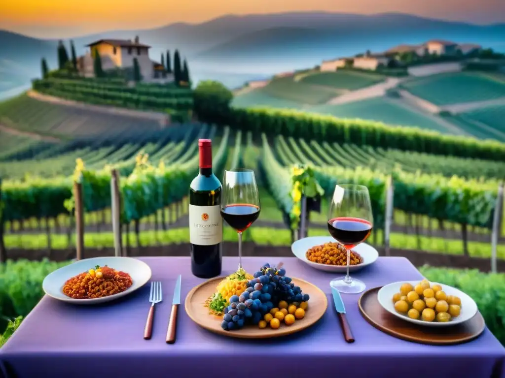 Una mesa elegante con vinos italianos, copas, curry y pasta, en un viñedo al atardecer