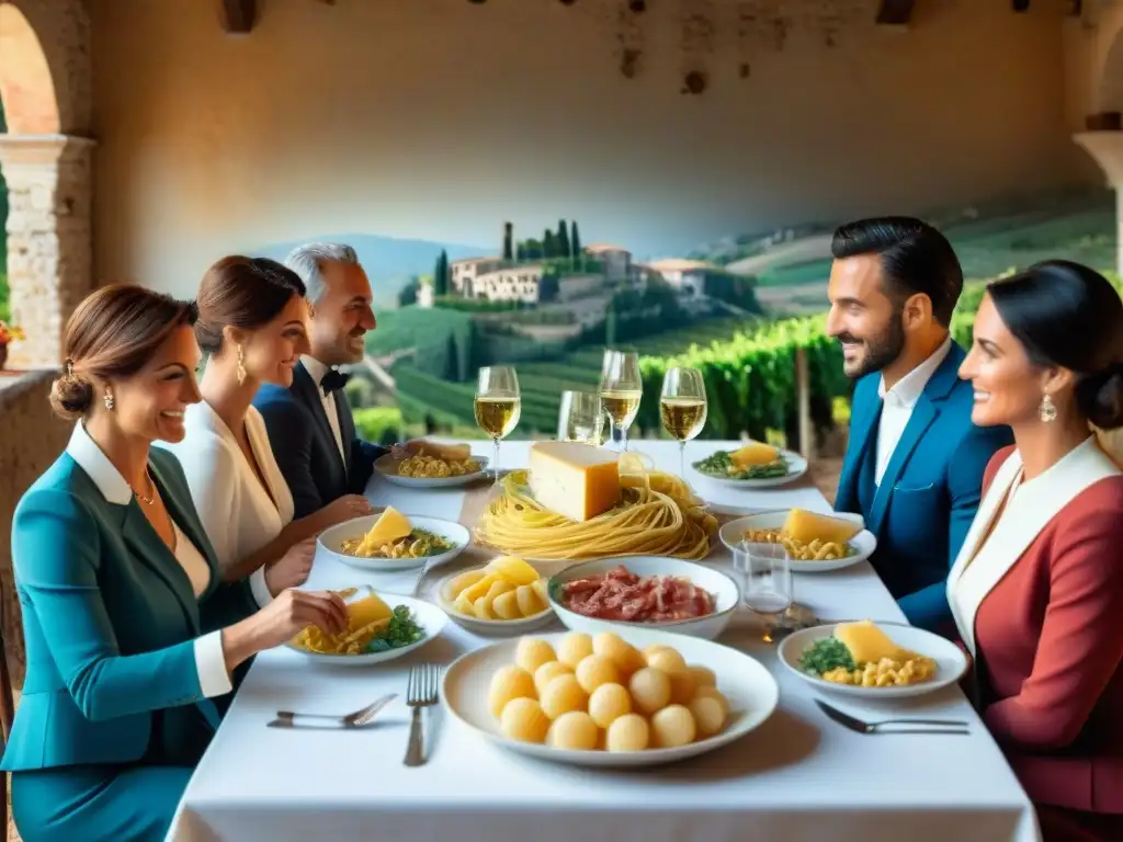 Mesa festiva en la campiña italiana con platos tradicionales, vinos locales y lugareños disfrutando