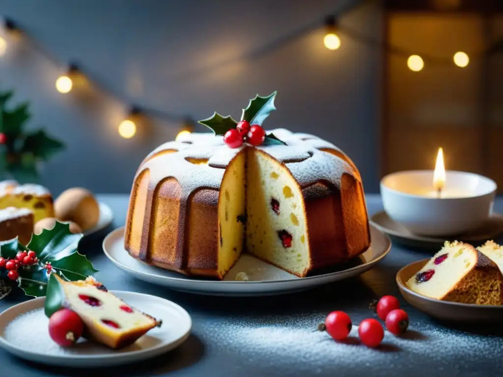 Una mesa festiva italiana de Navidad con Panettone y Pandoro, rodeados de luces y vajilla elegante