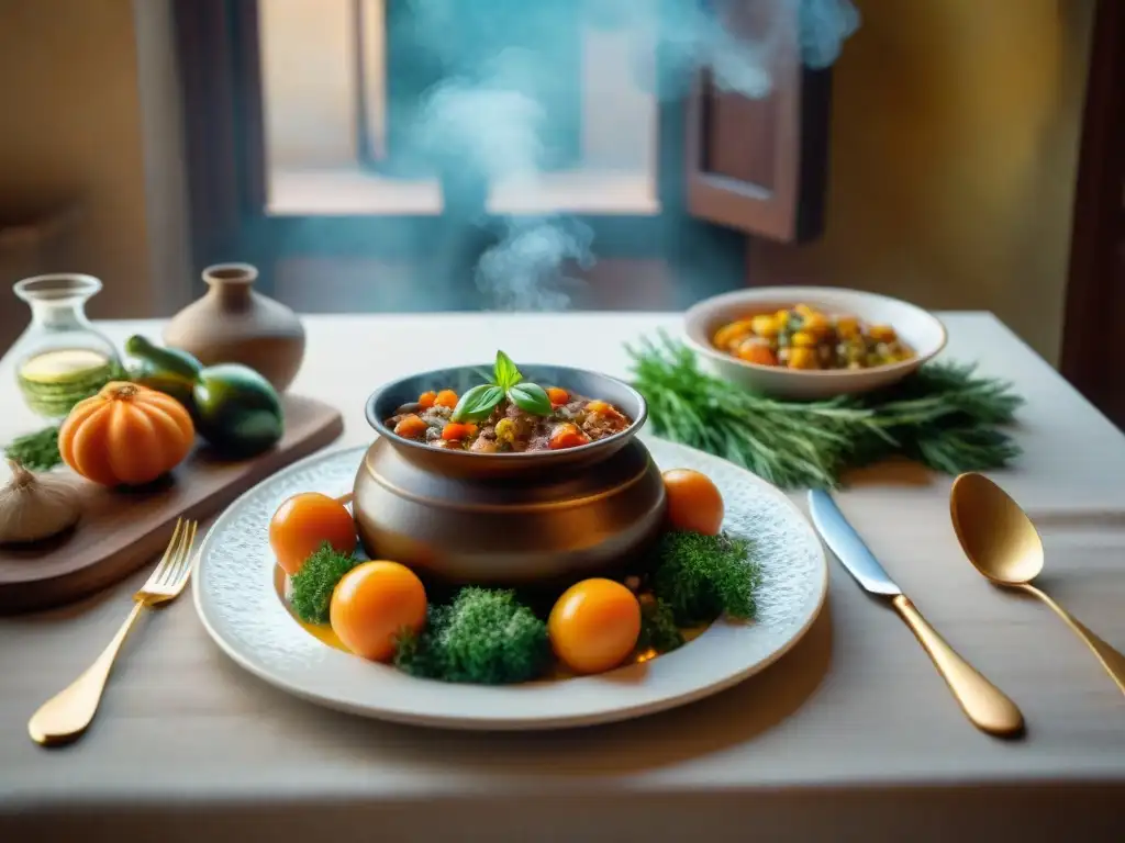 Una mesa italiana bellamente decorada con un plato de Bollito Misto receta tradicional italiana, evocando calidez y tradición