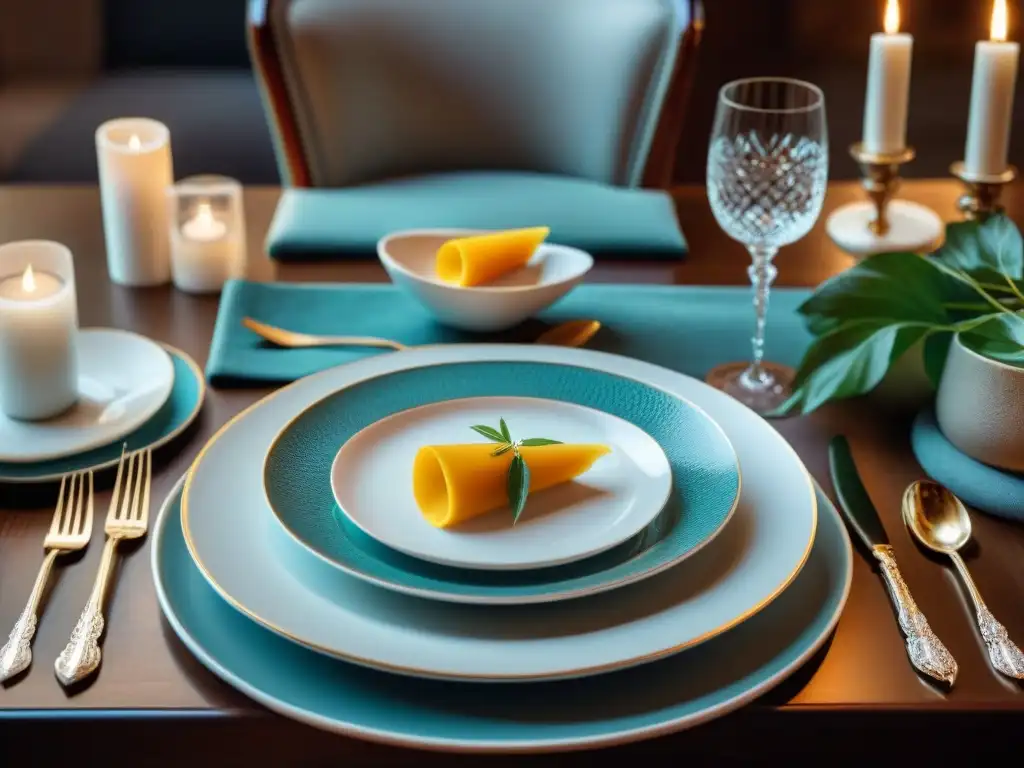 Una mesa italiana elegante con vajilla de alta calidad y cubiertos de plata, iluminada por la suave luz de las velas