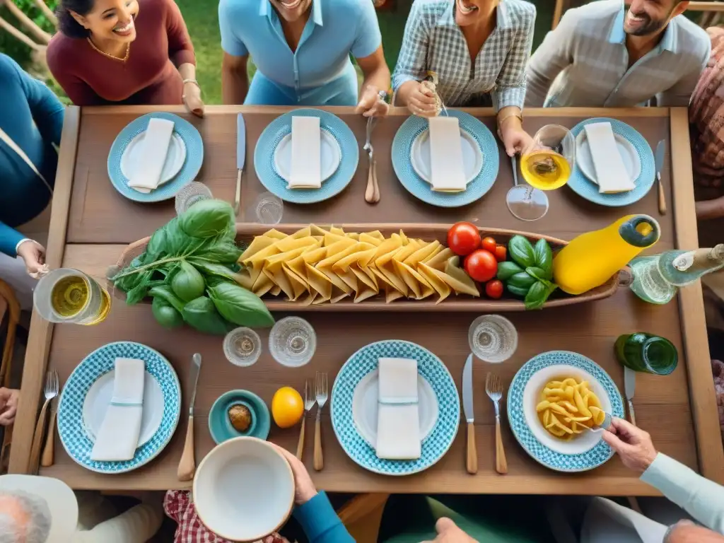 Una mesa italiana rústica lista para una comida familiar, rodeada de gente de diferentes generaciones compartiendo risas y conversaciones